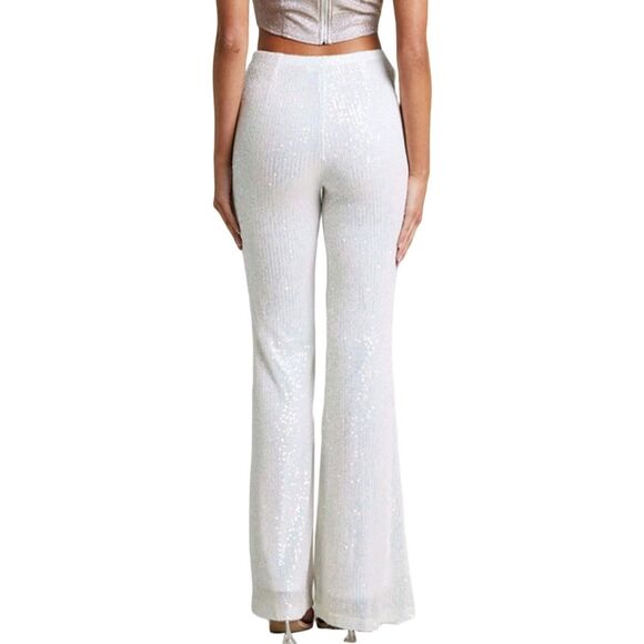 Forever 21 Pants Womens Large White Sequined Flare Disco Party Holiday 30x32 - Picture 15 of 15